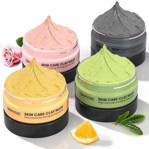 4 Pcs Clay Facial Mask Set - Turmeric, Vitamin C, Green Tea, Dead Sea Mud, and Rose Clay for Deep Cleansing