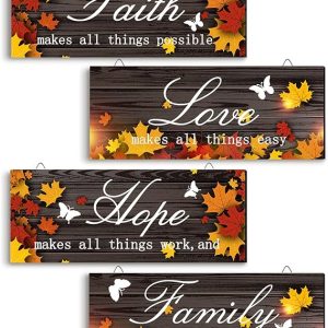 4 Pieces Fall Door Decoration Maple Door Plaque Faith Hope Family Wood Sign Maple Leaf