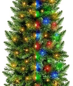 5 Ft Prelit Pencil Artificial Christmas Tree with Timer 180 LED Warm White & Colorful Change Lights 8 Modes Plug