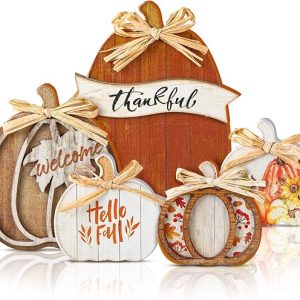 5 Pcs Fall Thanksgiving Decorations for Home Fall Wooden Pumpkin Tabletop Signs Thanksgiving