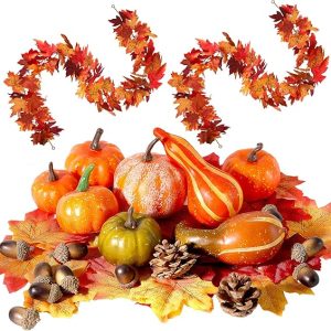 50pcs Fall Leaves Decor Set- 8 PCS Artificial Pumpkins, 12 PCS Pinecones and Acorns, 28 PCS Fake Maple