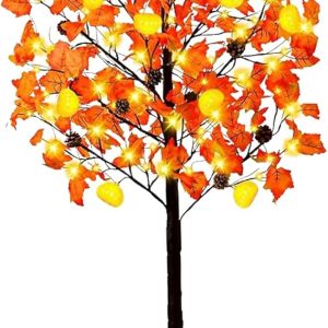 6 Feet Prelit Fall Maple Tree Thanksgiving Decorations, 120 LED Lights Pumpkin Light Up