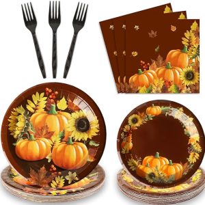 96 Pcs Fall Party Paper Plate and Napkins Supplies Thanksgiving Fall Pumpkin & Sunflower Dessert Plates