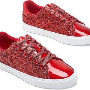 AISFAES Glitter Sneakers Sparkly Low Top Sequins Sneakers Lace Up Tennis Shoes Comfort Bling Shoes Fashion Shiny Walking Shoes