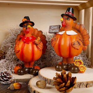 ALLADINBOX Standing Turkey Couple Thanksgiving Decorations, 2 Pack Resin Turkeys Give Thanks