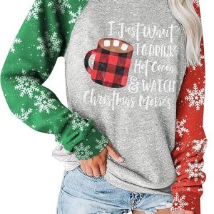 Anbech Womens Christmas Coffee Graphic Tshirt Merry Christmas Long Sleeve Vacation Tops