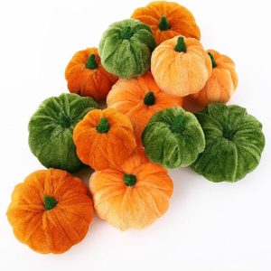 AnyDesign 12Pcs Fall Velvet Pumpkin Orange Green Artificial Pumpkins 2 Sizes Fake Fabric for Thanksgiving Halloween Party Mantel Farmhouse Decor