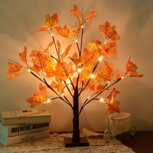 Artificial Fall Lighted Maple Tree 24 LED Thanksgiving Decorations Table Lights Battery