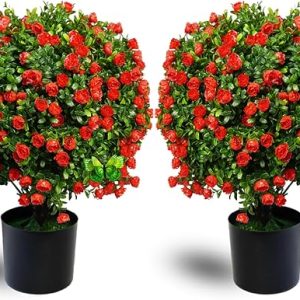 Artificial Plants Rose Topiary Ball Tree 20.47” Tall Set of 2 Simulated Potted Plants and 12 Simulated Butterflies