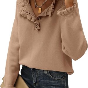 BTFBM 2024 Womens Sweaters Fall Winter Outfits Long Sleeve Button Down Ruffle Crew Neck Casual Knitted Pullover Tops