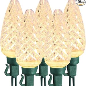 Brizled C9 Christmas Lights, 16ft 25 LED Faceted C9 Warm White Christmas Lights, Connectable Indoor Outdoor