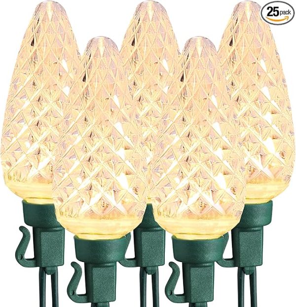 Brizled C9 Christmas Lights, 16ft 25 LED Faceted C9 Warm White Christmas Lights, Connectable Indoor Outdoor