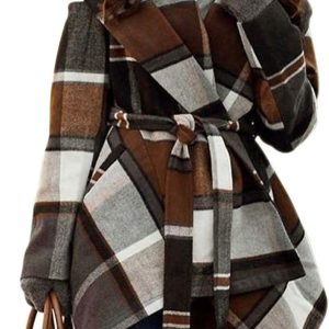 CHICWISH Women's Turn Down Shawl Collar Earth Tone Check Asymmetric Hemline Wool Blend Coat