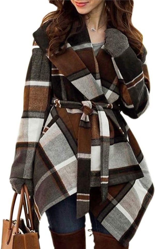 CHICWISH Women's Turn Down Shawl Collar Earth Tone Check Asymmetric Hemline Wool Blend Coat