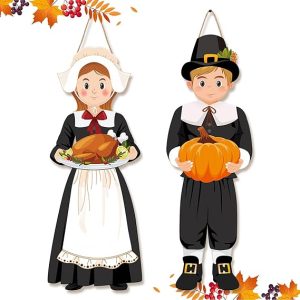 Capoda 2 Pcs Thanksgiving Hanging Sign Decorations Thanksgiving Pilgrim Boy and Girl Wood Porch Sign Fall Harvest Thanksgiving