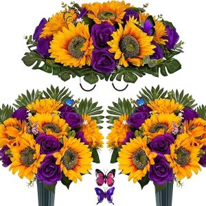 Cemetery Flowers Saddle and 2 Bouquets for Grave Decor, Silk Sunflower Rose