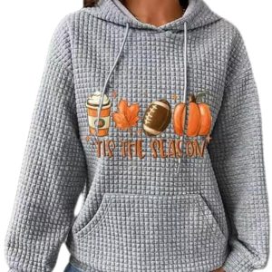 Chvity Women's Pullover Sweatshirt Drawstring Tis The Season Pumpkin Printed Waffle Hoodie Long Sleeve Tops with Pocket