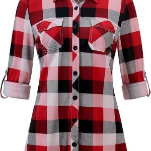 DJT Womens Soft Stretchy Knit Plaid Shirts Roll Up Long Sleeve Collared Button Down Blouses Tops