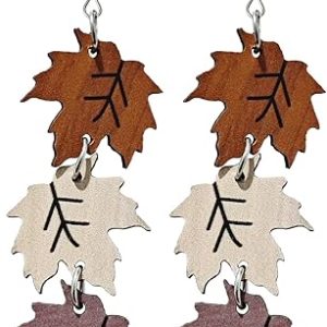 Eioi & Lmnm Wood Maple Leaves Long Dangle Earrings for Women, Lightweight Wooden Maple Leaf Drop Earrings