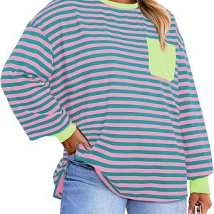 Eytino Women Plus Size Tops Crewneck Long Sleeve Loose Casual Striped Tee Shirts with Pocket(1X-5X)