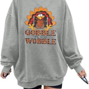 FASHGL Thanksgiving Sweatshirt Women Gobble Til You Wobble Shirt Funny Turkey Graphic Shirt Casual Long Sleeve Pullover Tops