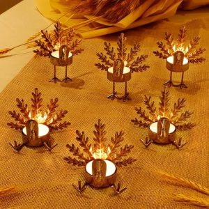 FORUP 6 Pack Metal Turkey Tea Light Candle Holders, Thanksgiving Candle Holder, Thanksgiving Home Table Decoration