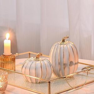 Fall Pumpkin Decor, 2 PCS Resin Thanksgiving Fake Pumpkin Figurines