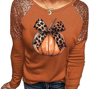 Fall Shirts for Women Pumpkin with Leopard Coquette Bow Graphic Tops Thanksgiving Blouse Halloween Shirts