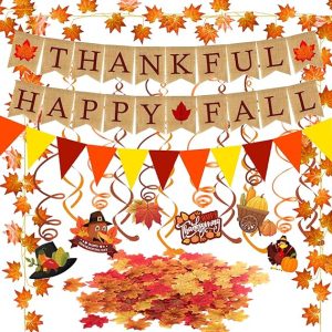 Famoby Thankful Happy Fall Burlap Banner Paper Triangular Bunting Maple Leaf Garland Plastic