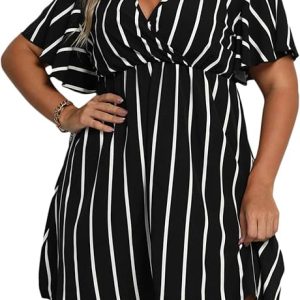 Floerns Women's Plus Size Striped Print Wrap V Neck Short Sleeve A Line Dress