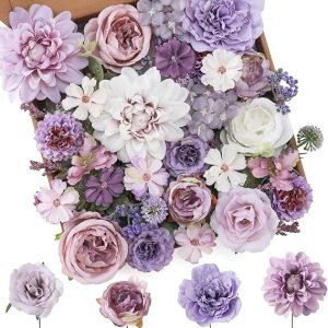 Floweroyal Artificial Flowers Combo Purple Flowers Mix Silk Flowers Dahlia Roses with Stems for DIY