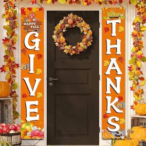 GIVE THANKS Hanging Banner Porch Sign Autumn Pumpkin Maple Leaf Backdrop Flag Fall Harvest Welcome