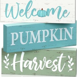 Geetery 3 Pcs Fall Decor Blue Thanksgiving Table Centerpiece Welcome Pumpkin Harvest Wooden Block Sign