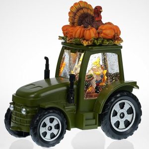 Green Tractor Fall Snow Globe, Fall Decorations for Home, Swirling Glitter Snow Globe with Timer