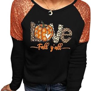 Halloween Shirt Womens Funny Pumpkin Printed Sequined Splicing Sleeve T-Shirt Fall Graphic Tee Thanksgiving Gift Tops