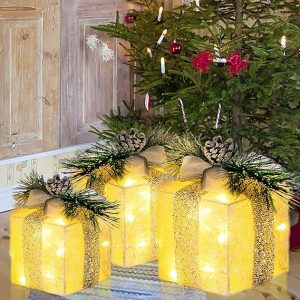 Hourleey Set of 3 Christmas Lighted Gift Boxes, Pre-lit 60 LED Light