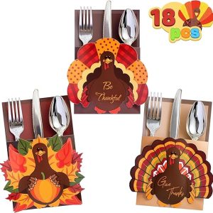 JOYIN 18PCS Thanksgiving Cutlery Holders Set, Thanksgiving Turkey Utensil Décor, Autumn Fall Harvest Party Supplies