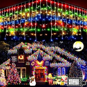 KNONEW Christmas Lights Outdoor Decorations 400 LED 33ft 8 Modes Curtain Fairy String Light with 75 Drops