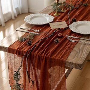 Keketo Thanksgiving Fall Table Runner Cheesecloth Runner Terracotta Gauze 120 Inch 10 FT Rustic Burnt Orange Cheese Cloth