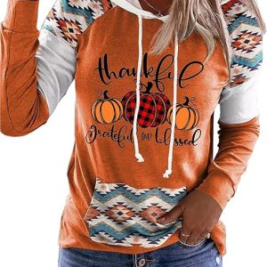 LLHXRUI Thanksgiving Thankful Grateful And Blessed Hoodies for Women Fall Plaid Pumpkin Pullovers Shirts Tops Blouses