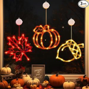 LOLStar Thanksgiving Decorations, Fall Window Lights with Suction Cups Acorn Maple Leaves Pumpkin LED Lights