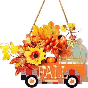 [Lighted & Timer]Thanksgiving Decorations 3D Truck 2 in 1 Hanging & Tabletop Thanksgiving Door Decor Fall Wreath