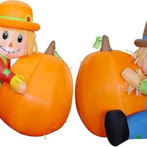 Lulu Home Fall Day Inflatable Yard Decoration, 3.3FT & 3FT Air-Blown Scarecrows Holding Pumpkins