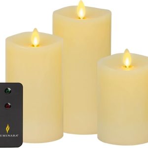 Luminara Realistic Artificial Moving Flame Pillar Candles - Set of 3 - Melted Top Edge, LED Battery Operated Lights - Unscented - Remote Included- 3" x 4.5", 3" x 5.5", 3" x 6.5" (Ivory)