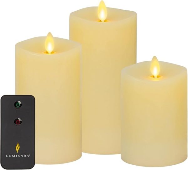 Luminara Realistic Artificial Moving Flame Pillar Candles - Set of 3 - Melted Top Edge, LED Battery Operated Lights - Unscented - Remote Included- 3" x 4.5", 3" x 5.5", 3" x 6.5" (Ivory)