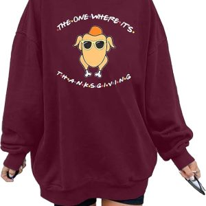 MNLYBABY Thanksgiving Sweatshirt Women Oversized Friends Thanksgiving Turkey Graphic Shirt Grateful Blessed Long Sleeve Tops