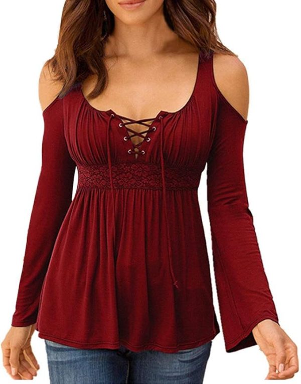 MOONCOLOUR Women's Cold Shoulder Lace Up Casual Tunic Solid Blouse Tops