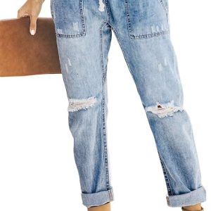 Metietila Women’s Casual Pull-on Distressed Stretch Jeans Elastic Waist Jean Denim Joggers Pants