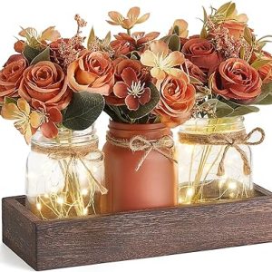 Mkono Mason Jar Lights Centerpiece Table Decorations for Dining Room Farmhouse Table Decor Tray