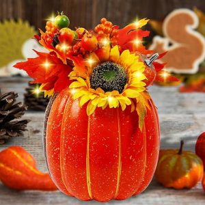 MorTime 11 Inch Thanksgiving Lighted Pumpkin Decor, Thanksgiving Decorations Artificial Pumpkin